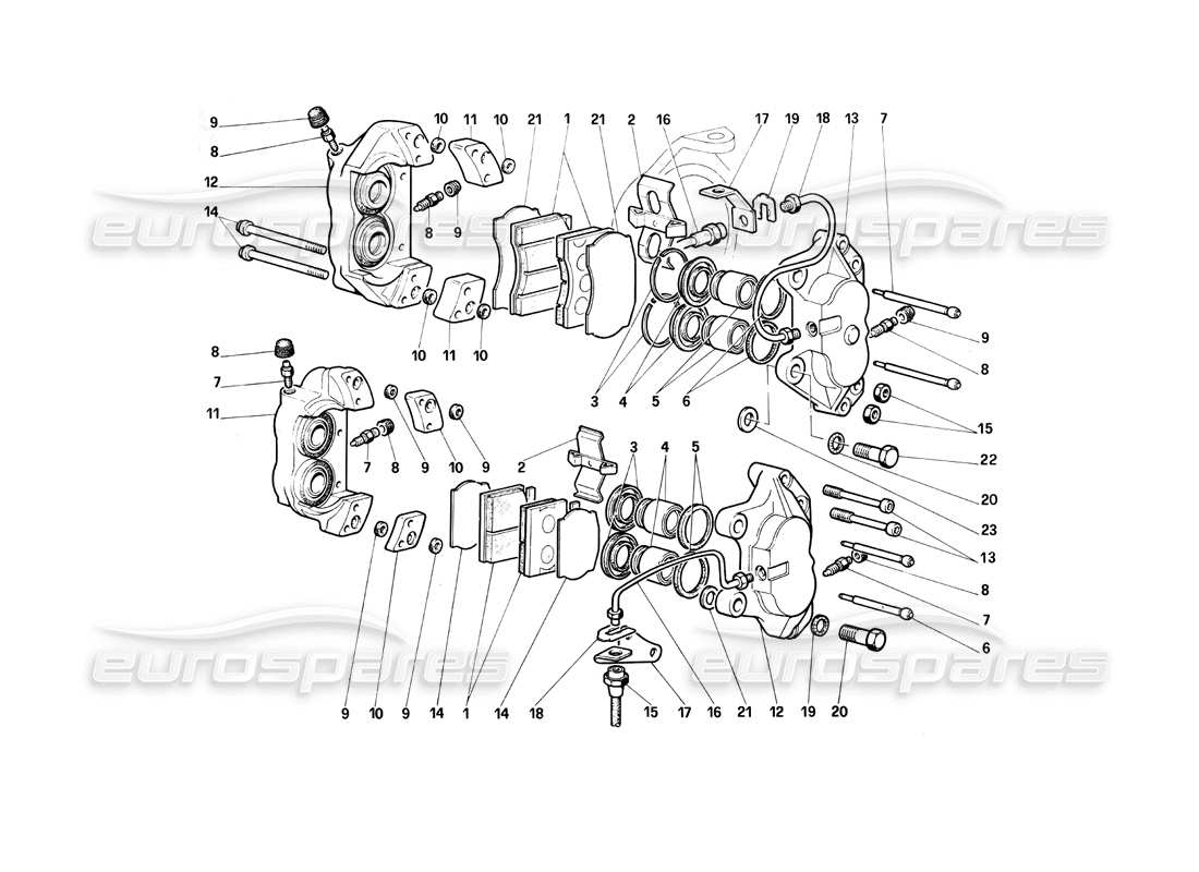 ferrari testarossa (1990) pinzas para frenos delanteros y traseros diagrama de piezas
