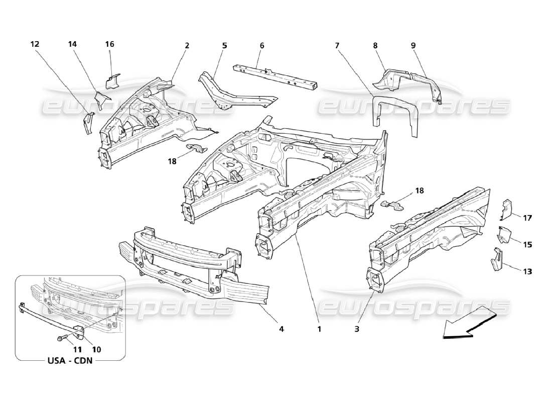 maserati qtp. (2006) 4.2 piezas estructurales delanteras diagrama de piezas