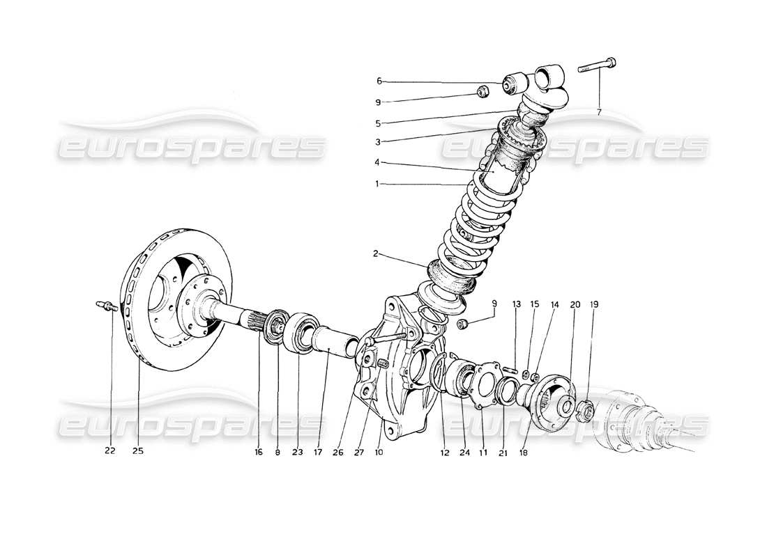 ferrari 208 gt4 dino (1975) suspensión trasera - amortiguador y disco de freno diagrama de piezas