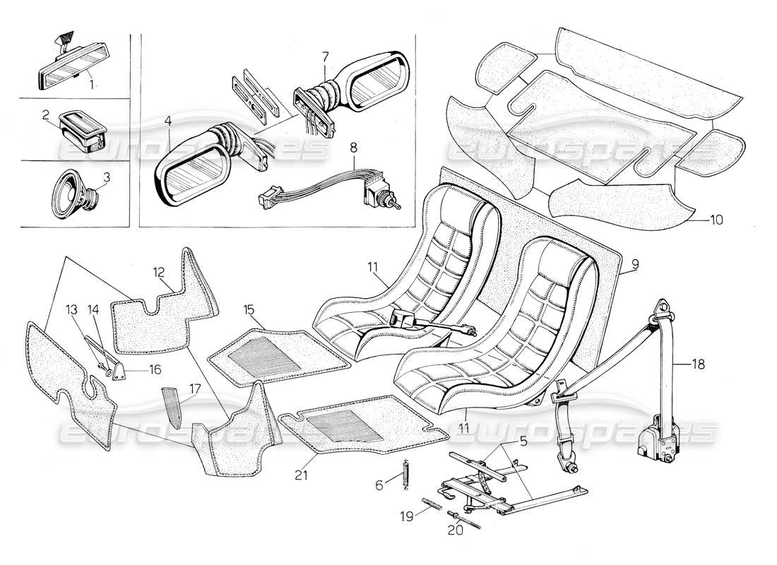 lamborghini countach 5000 qv (1985) diagrama de piezas de asientos, accesorios y adornos