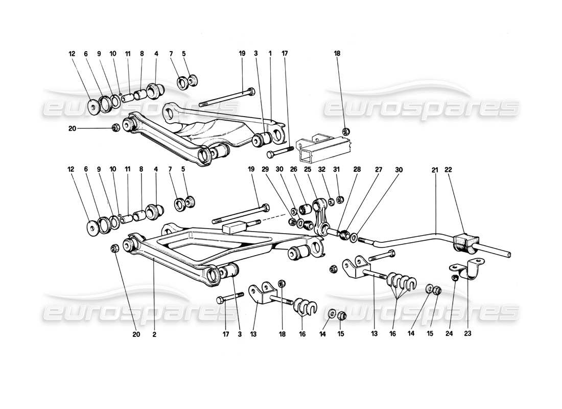 ferrari 208 turbo (1982) suspensión trasera - diagrama de piezas de horquillas