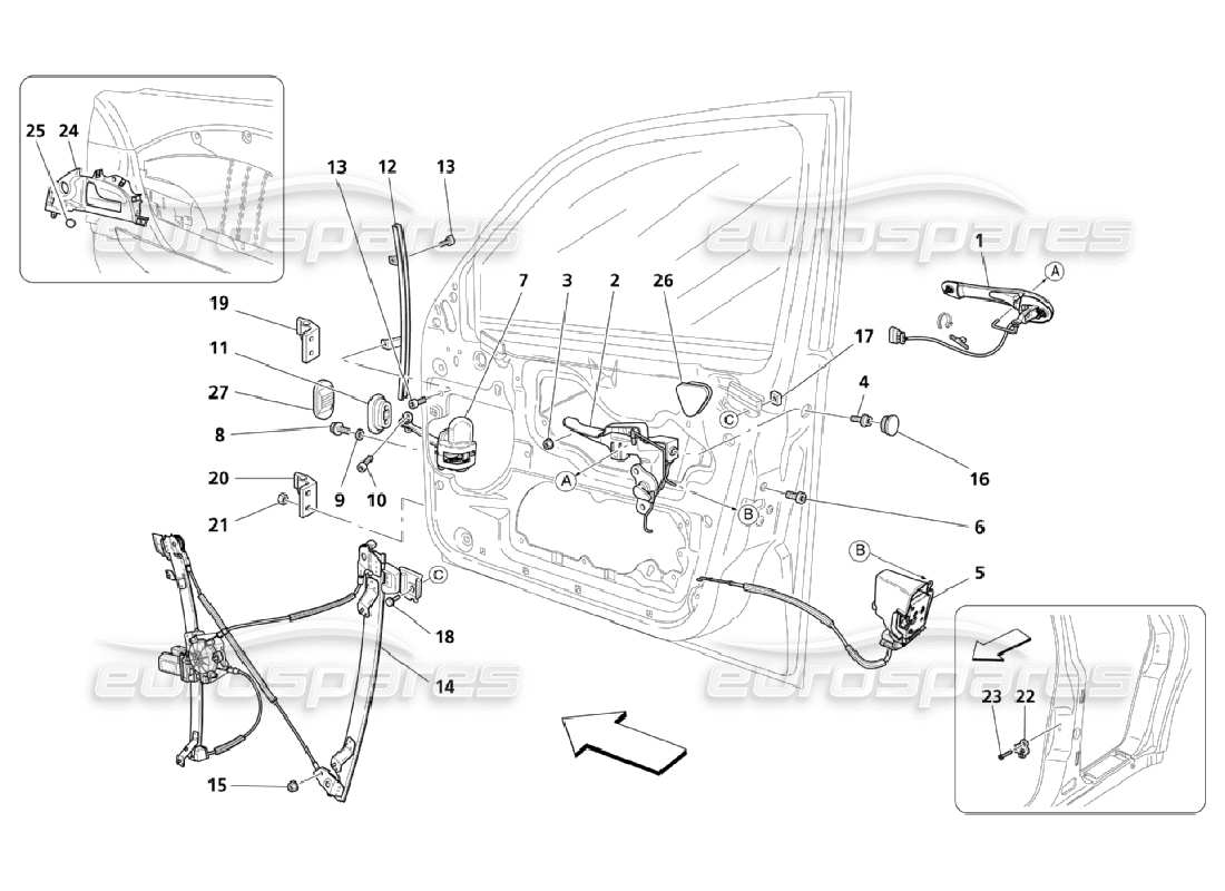 maserati qtp. (2006) 4.2 puertas delanteras: diagrama de piezas de los dispositivos de movimiento
