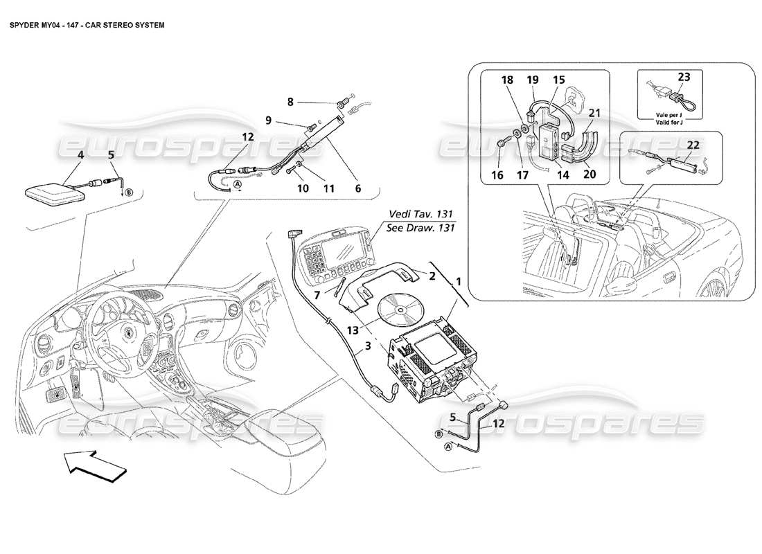 maserati 4200 spyder (2004) diagrama de piezas del sistema estéreo del automóvil