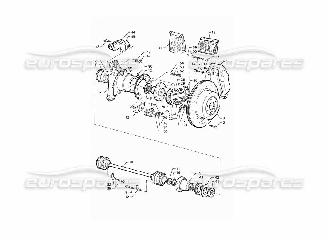 maserati qtp v6 (1996) diagrama de piezas de bujes, frenos traseros con abs y ejes de transmisión
