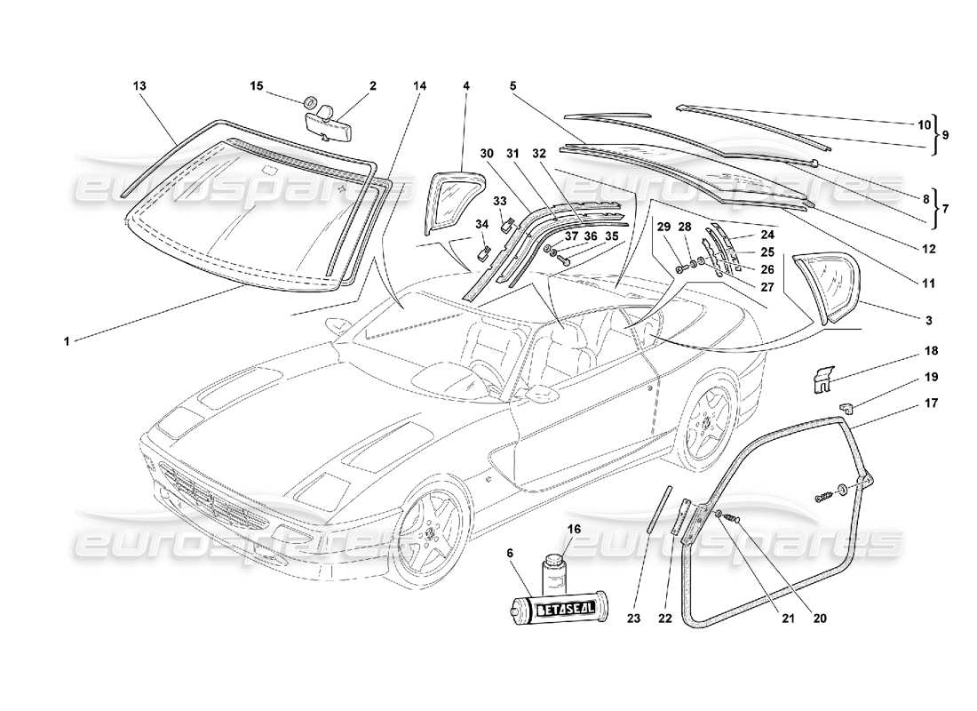 ferrari 456 gt/gta vidrios y junta diagrama de piezas