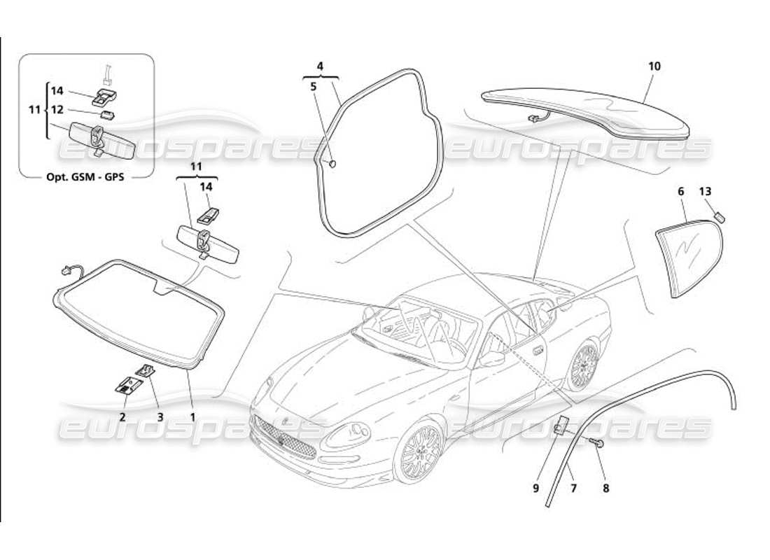maserati 4200 gransport (2005) vidrios: diagrama de piezas de juntas y espejo retrovisor interior