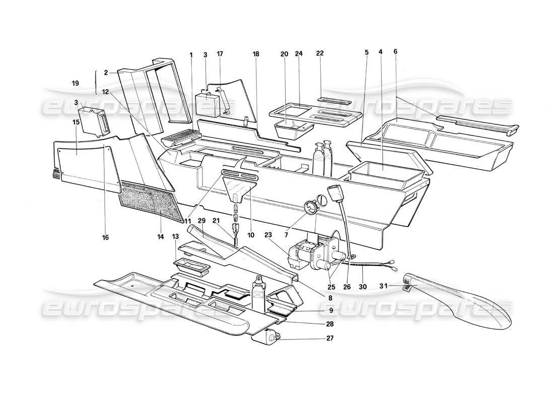 ferrari testarossa (1990) túnel central (para la versión estadounidense) diagrama de piezas