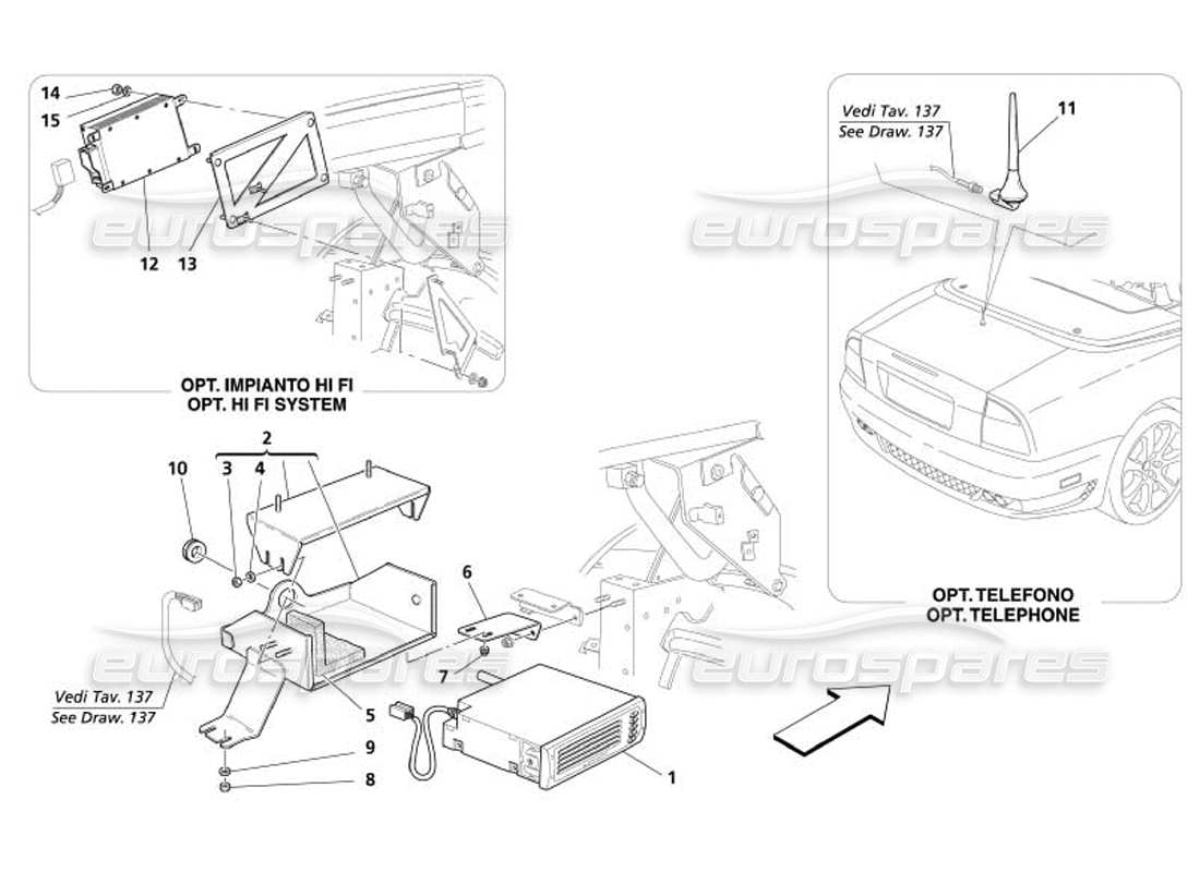 maserati 4200 spyder (2005) equipo estéreo - diagrama de piezas de accesorios