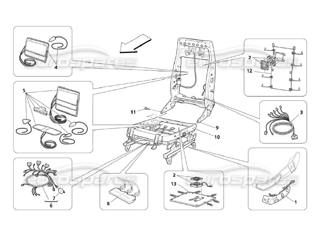 maserati qtp. (2006) 4.2 asientos delanteros: diagrama de piezas de mecánica y electrónica