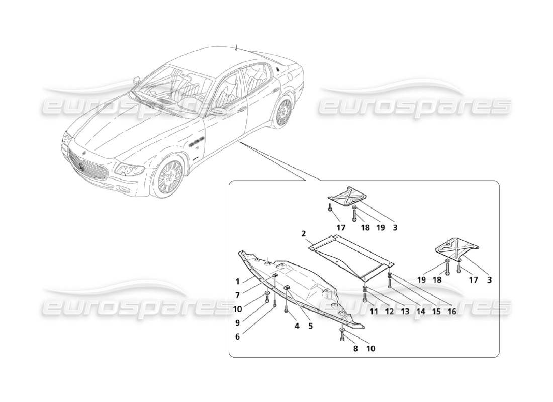 maserati qtp. (2006) 4.2 diagrama de piezas de protectores de suelo plano y bajos