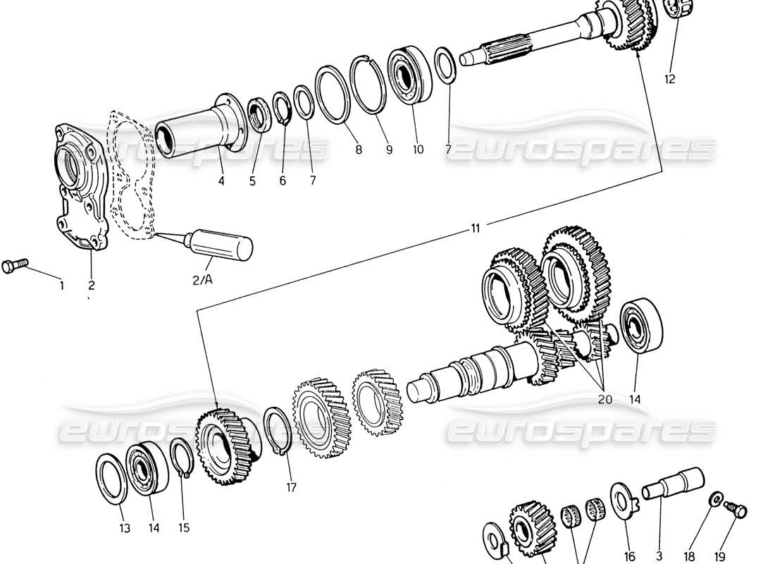 maserati 222 / 222e biturbo transmisión: eje secundario y transmisión directa diagrama de piezas