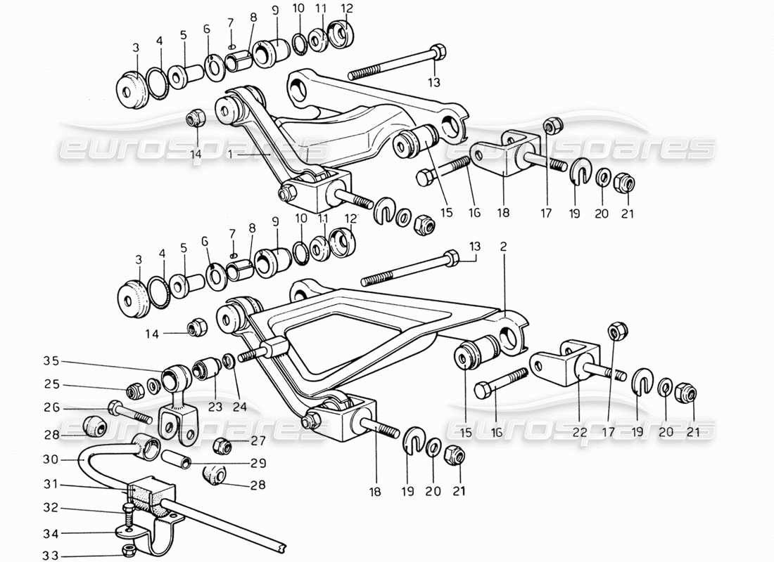 ferrari 206 gt dino (1969) suspensión trasera - diagrama de piezas de palancas