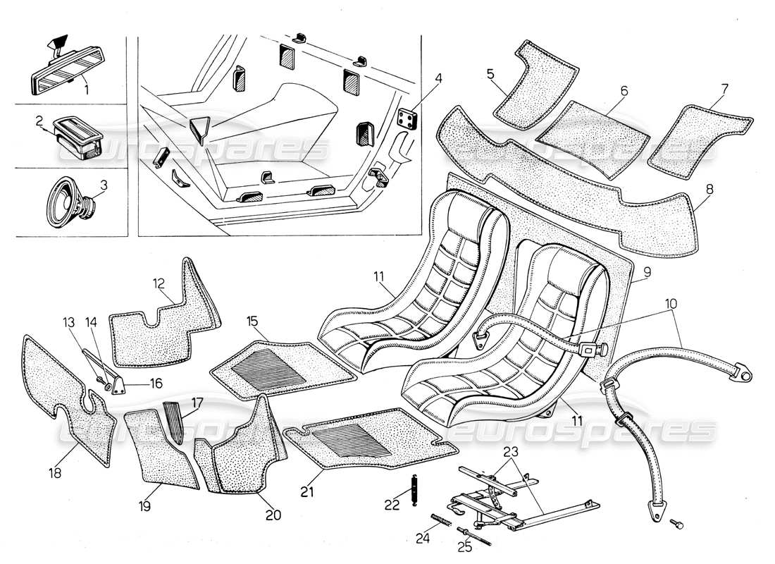 lamborghini countach lp400 asientos, accesorios y adornos diagrama de piezas