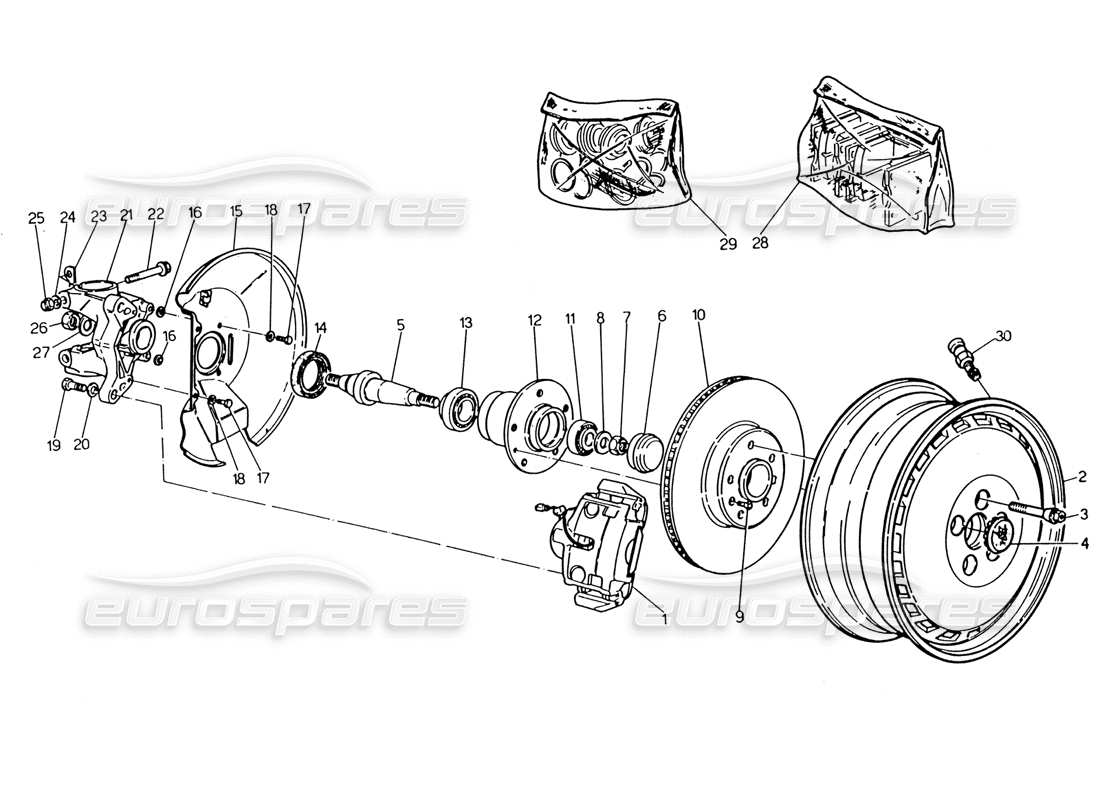 maserati 222 / 222e biturbo diagrama de piezas de ruedas, bujes y frenos delanteros