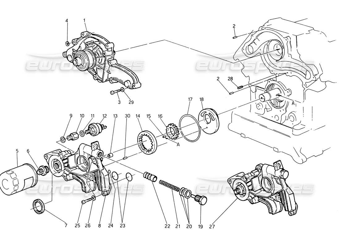 maserati 222 / 222e biturbo bomba de agua - diagrama de piezas de la bomba de aceite