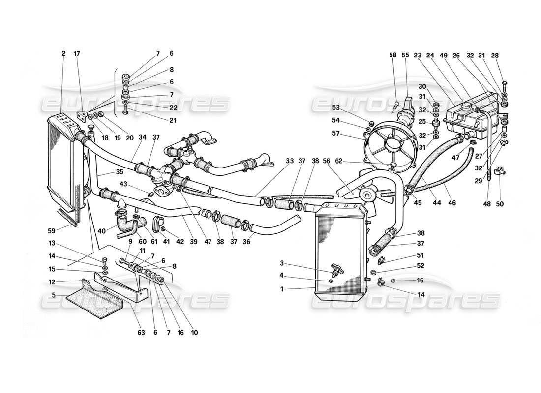 ferrari testarossa (1987) sistema de refrigeración diagrama de piezas