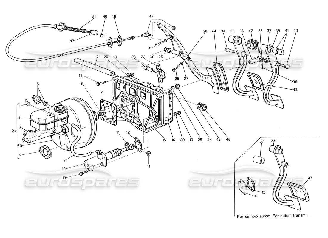 maserati 222 / 222e biturbo conjunto de pedal - bomba de embrague de refuerzo de freno para lhd diagrama de piezas