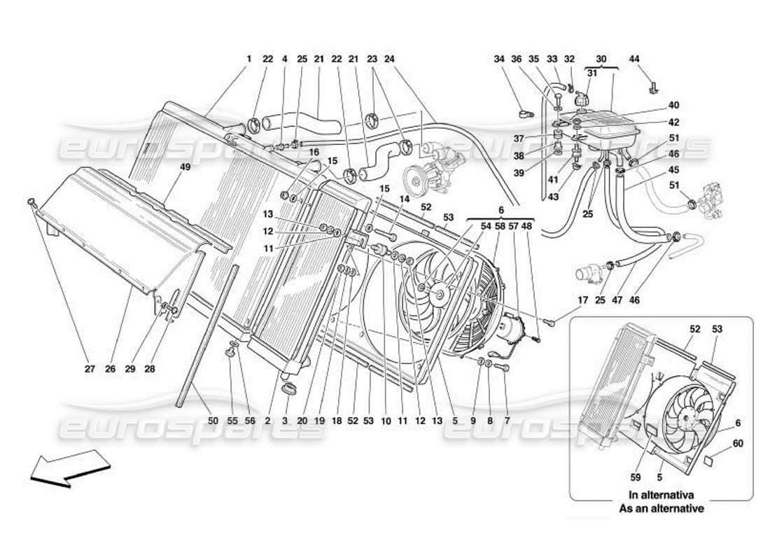 ferrari 550 barchetta sistema de refrigeración: diagrama de piezas del radiador y nourice