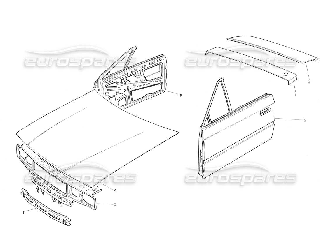 maserati biturbo spider carrocería: panel frontal, capó, panel de techo, puertas y diagrama de piezas del capó
