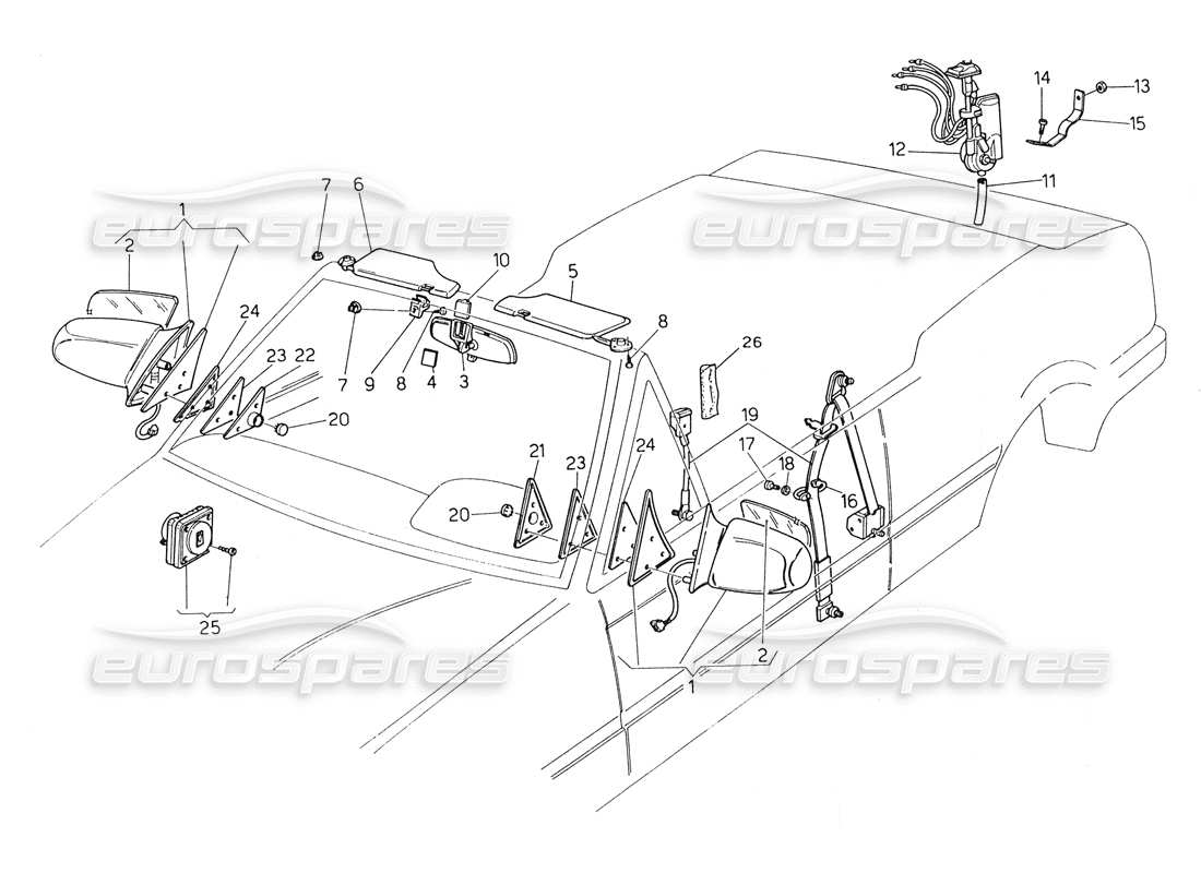 maserati biturbo spider cinturones de seguridad-espejos y visera solar diagrama de piezas
