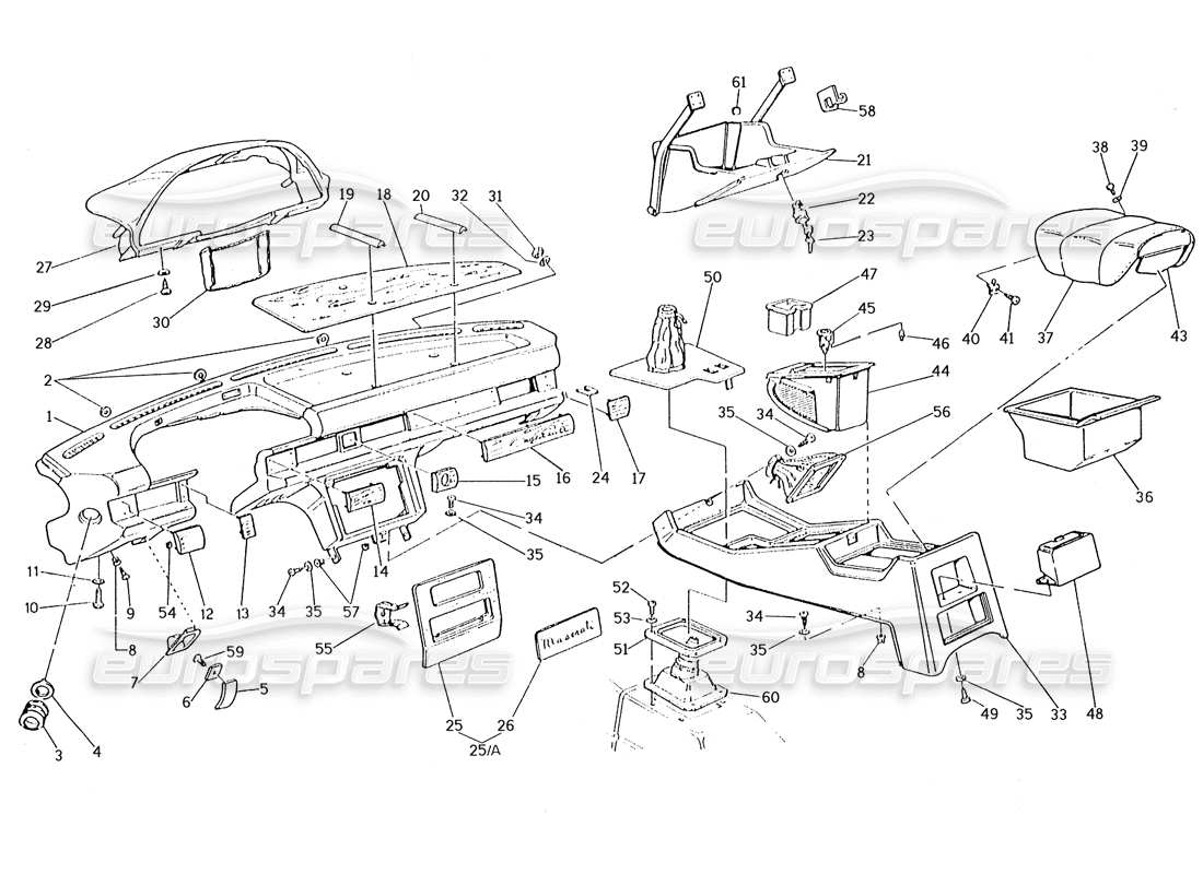 maserati karif 2.8 diagrama de piezas del panel de instrumentos y la consola (coches con dirección izquierda)