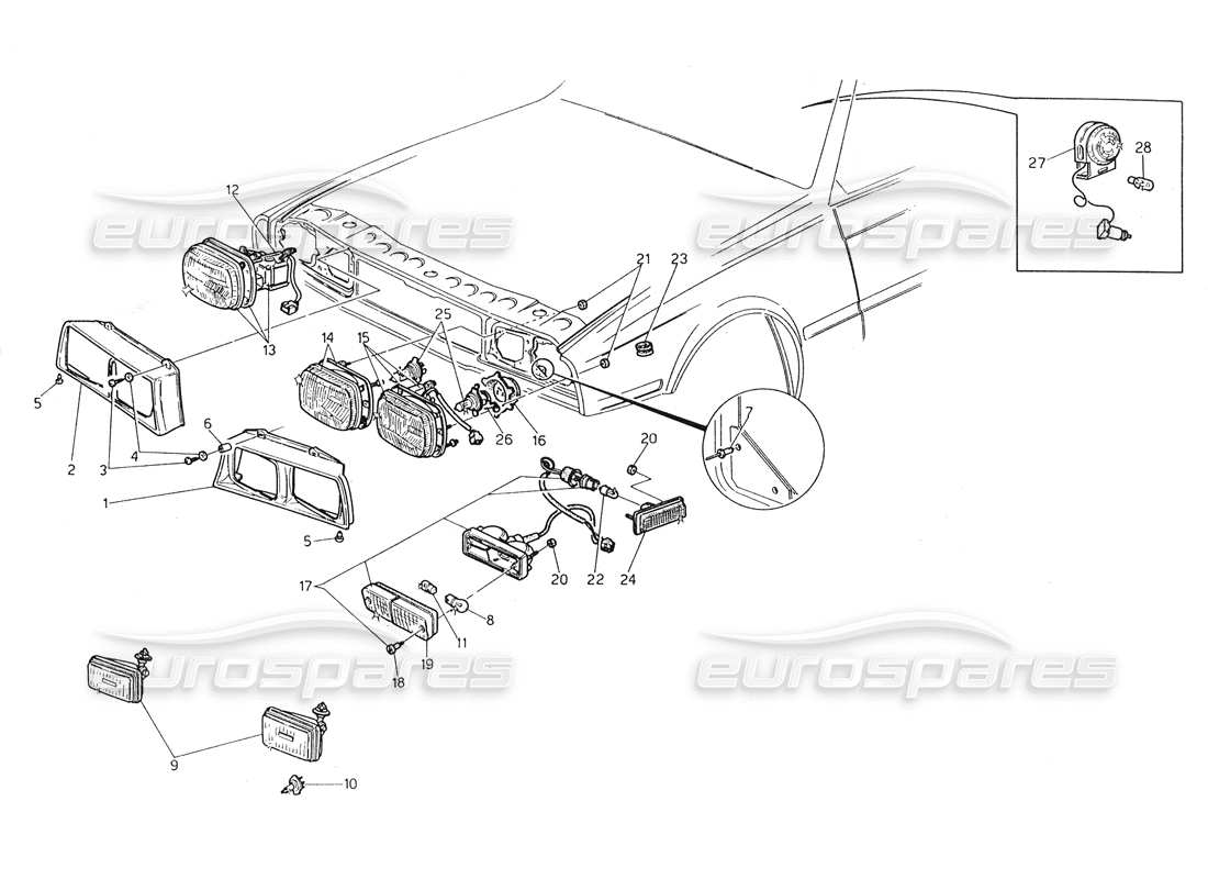 maserati biturbo spider diagrama de piezas de las luces delanteras