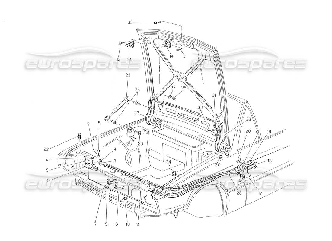 maserati biturbo spider capó: diagrama de piezas de liberación del capó y bisagras