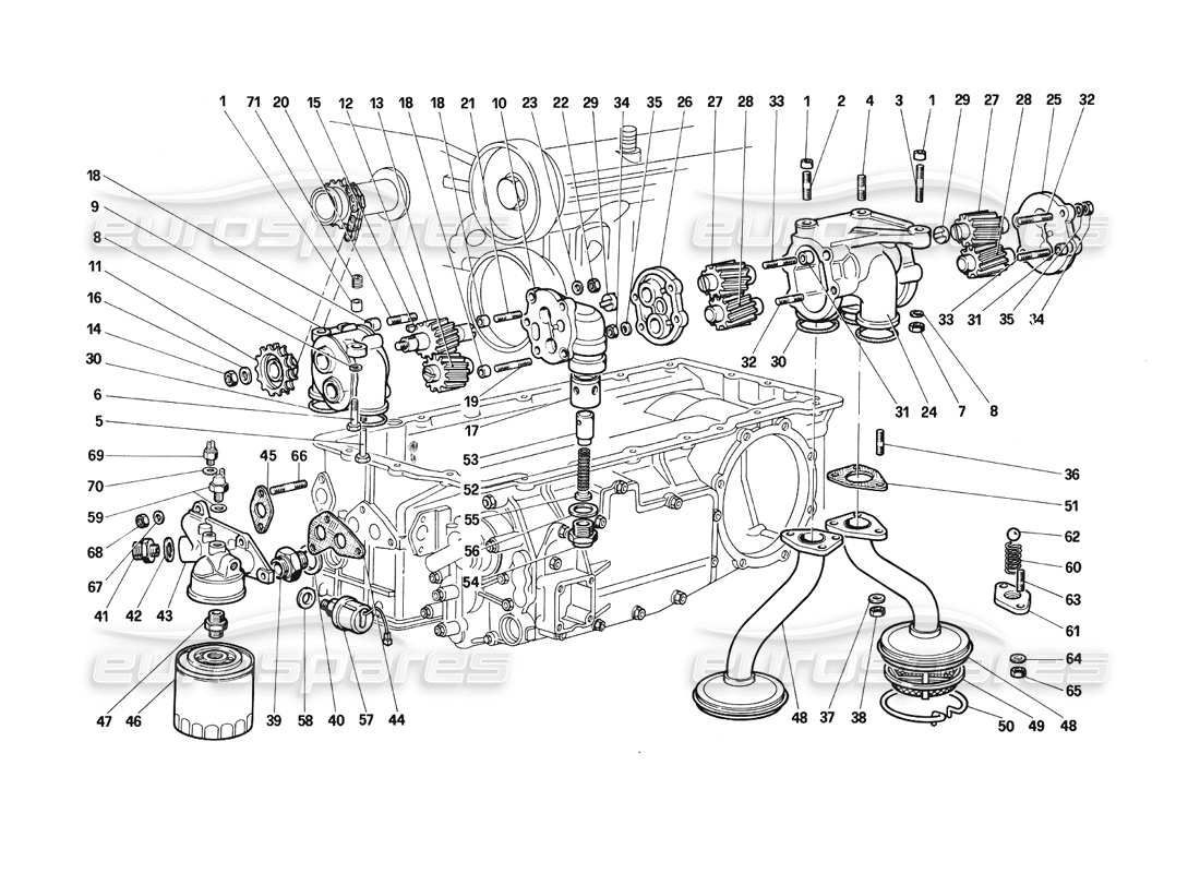 ferrari testarossa (1990) lubricación: diagrama de piezas de bombas y filtro de aceite
