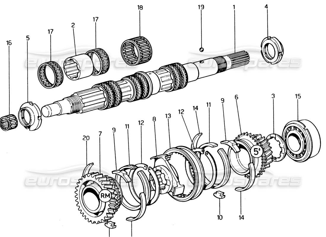 ferrari 365 gt4 2+2 (1973) diagrama de piezas de los engranajes del eje intermedio (extremo trasero)