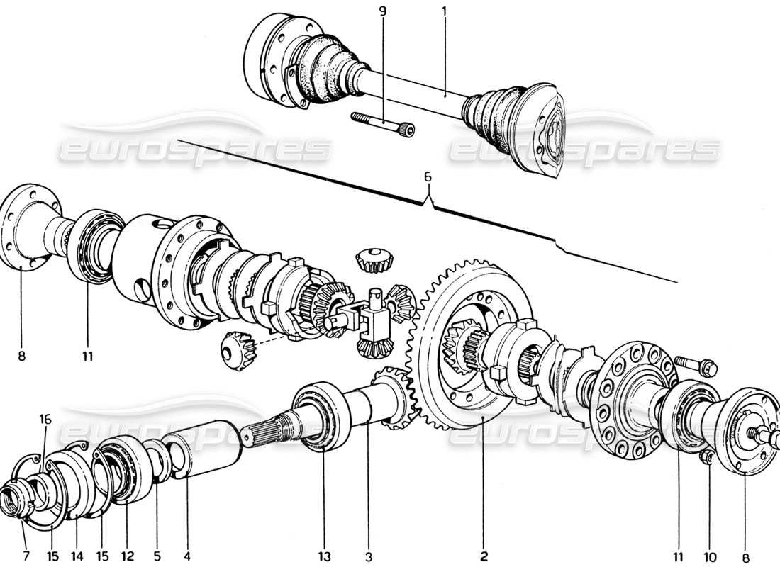 ferrari 365 gt4 2+2 (1973) diagrama de piezas del diferencial y los semiejes