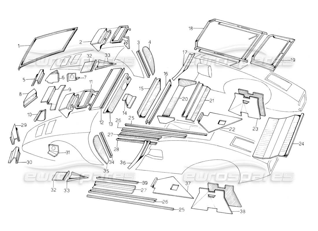 lamborghini countach 5000 s (1984) revestimientos interiores y exteriores diagrama de piezas