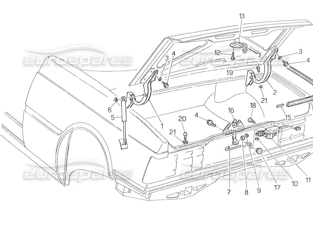 maserati biturbo spider tapa del maletero: bisagras, diagrama de piezas de liberación de la tapa del maletero
