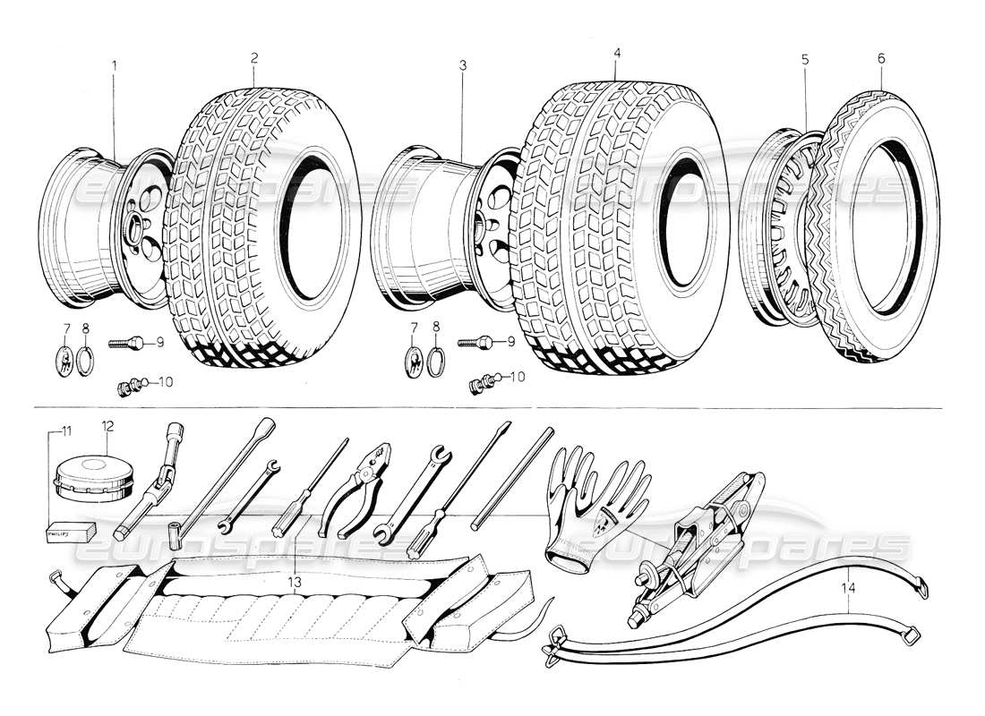 lamborghini countach 5000 qvi (1989) diagrama de piezas del kit de herramientas, neumáticos y llantas