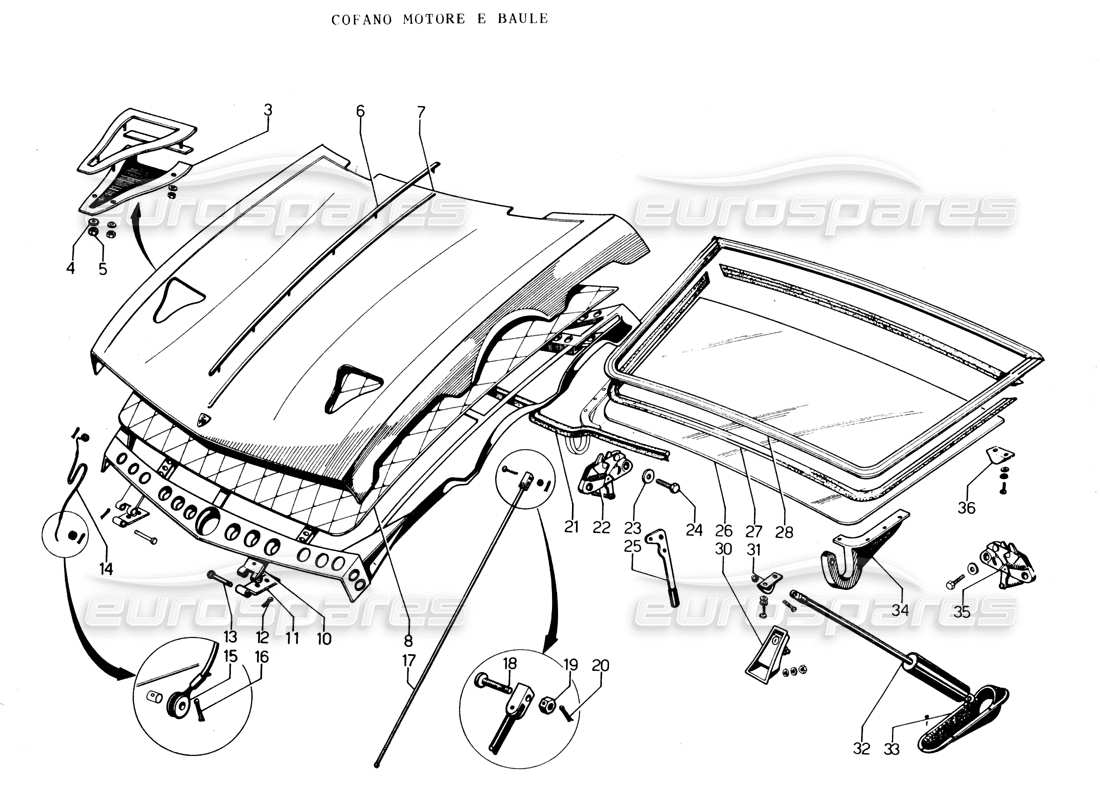 lamborghini espada capó y maletero del motor diagrama de piezas