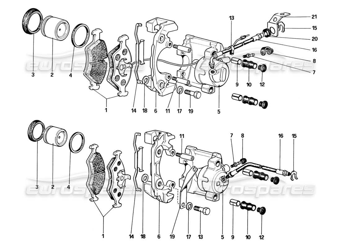 ferrari 328 (1988) diagrama de piezas de pinzas para frenos delanteros y traseros