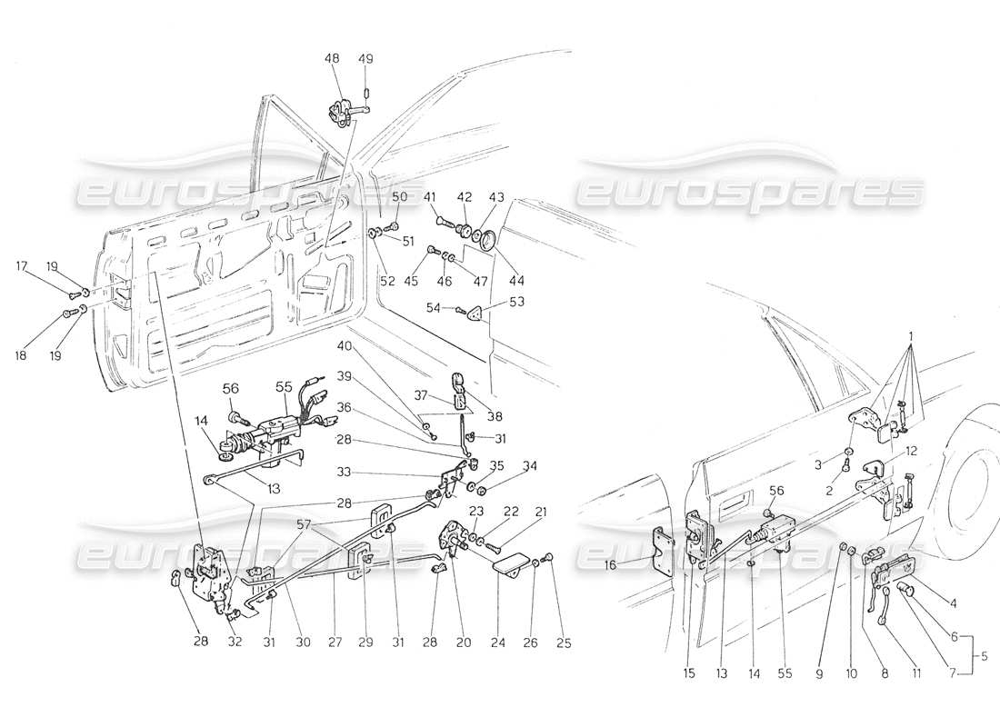 maserati biturbo spider puertas: diagrama de piezas de bisagras y controles internos