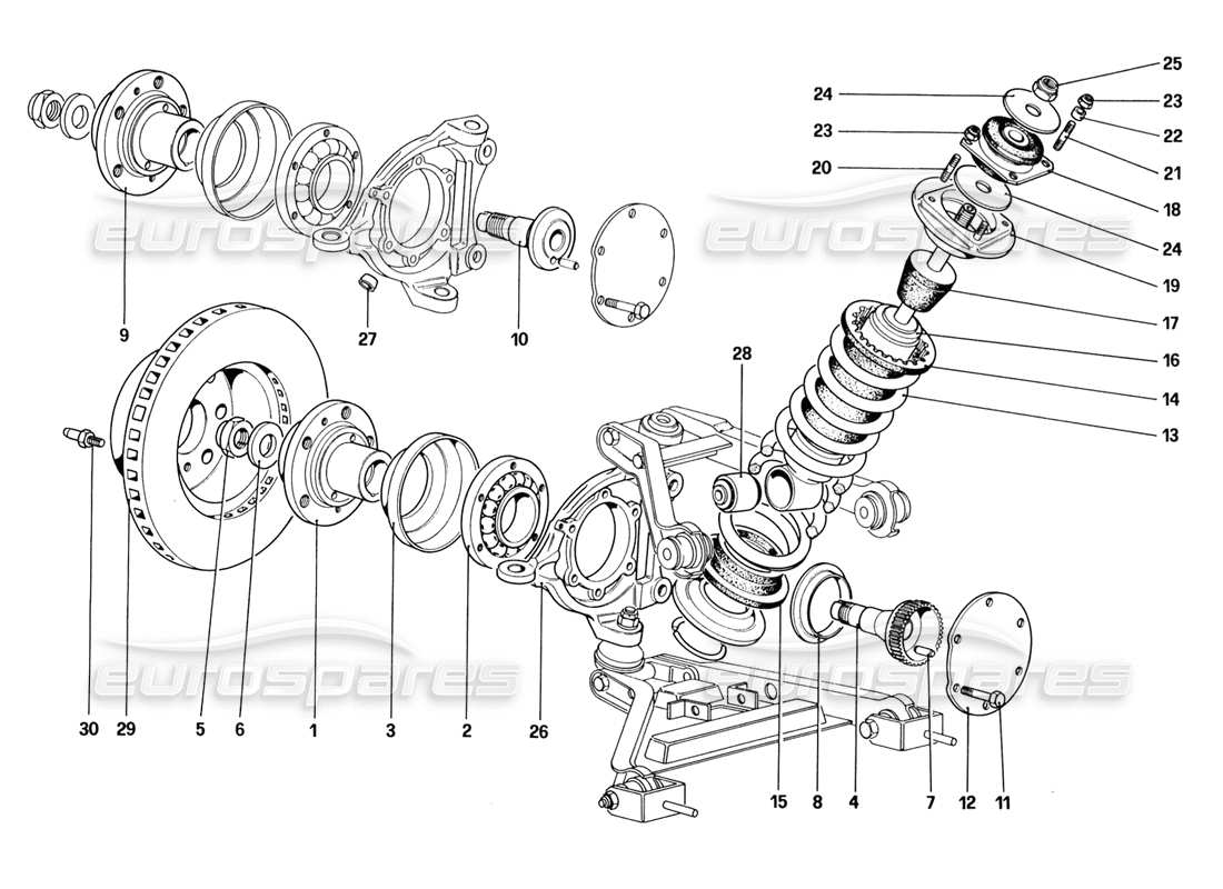 ferrari 328 (1988) suspensión delantera: diagrama de piezas de amortiguador y disco de freno (a partir del número de automóvil 76626)