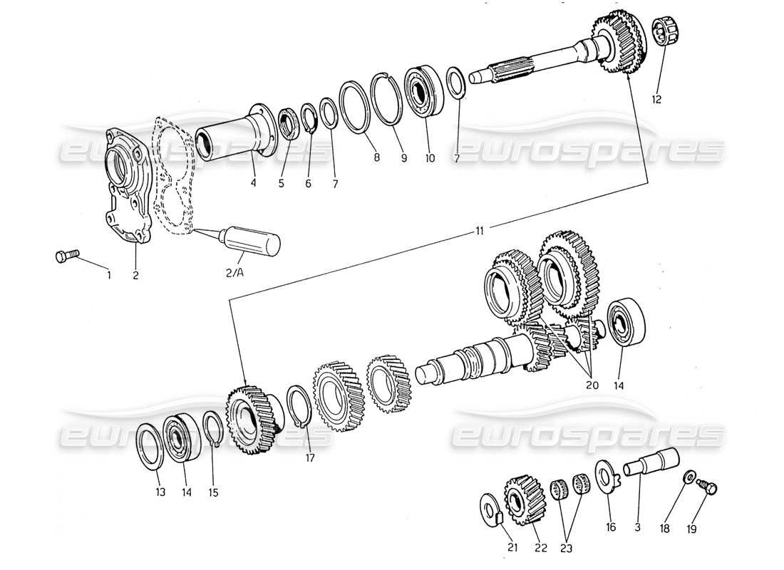 maserati 2.24v transmisión: diagrama de piezas de eje intermedio y transmisión directa