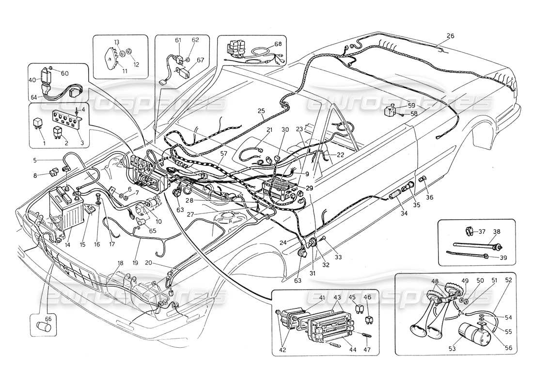 maserati biturbo spider diagrama de piezas del mazo de cables y componentes eléctricos (dirección derecha)