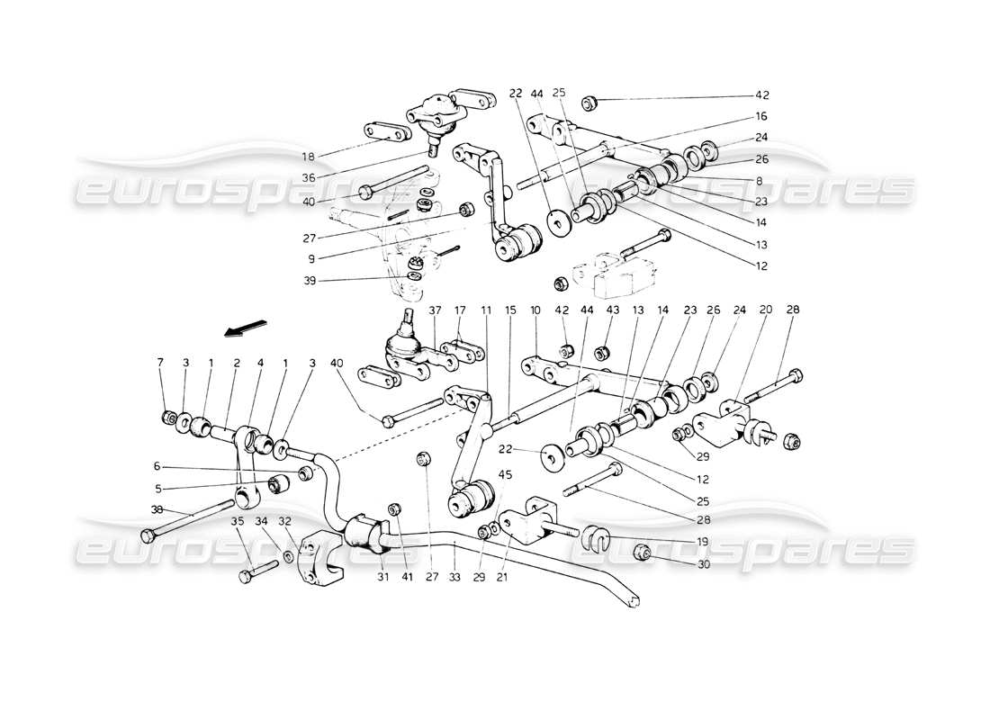 ferrari 512 bb suspensión delantera. espoletas diagrama de piezas