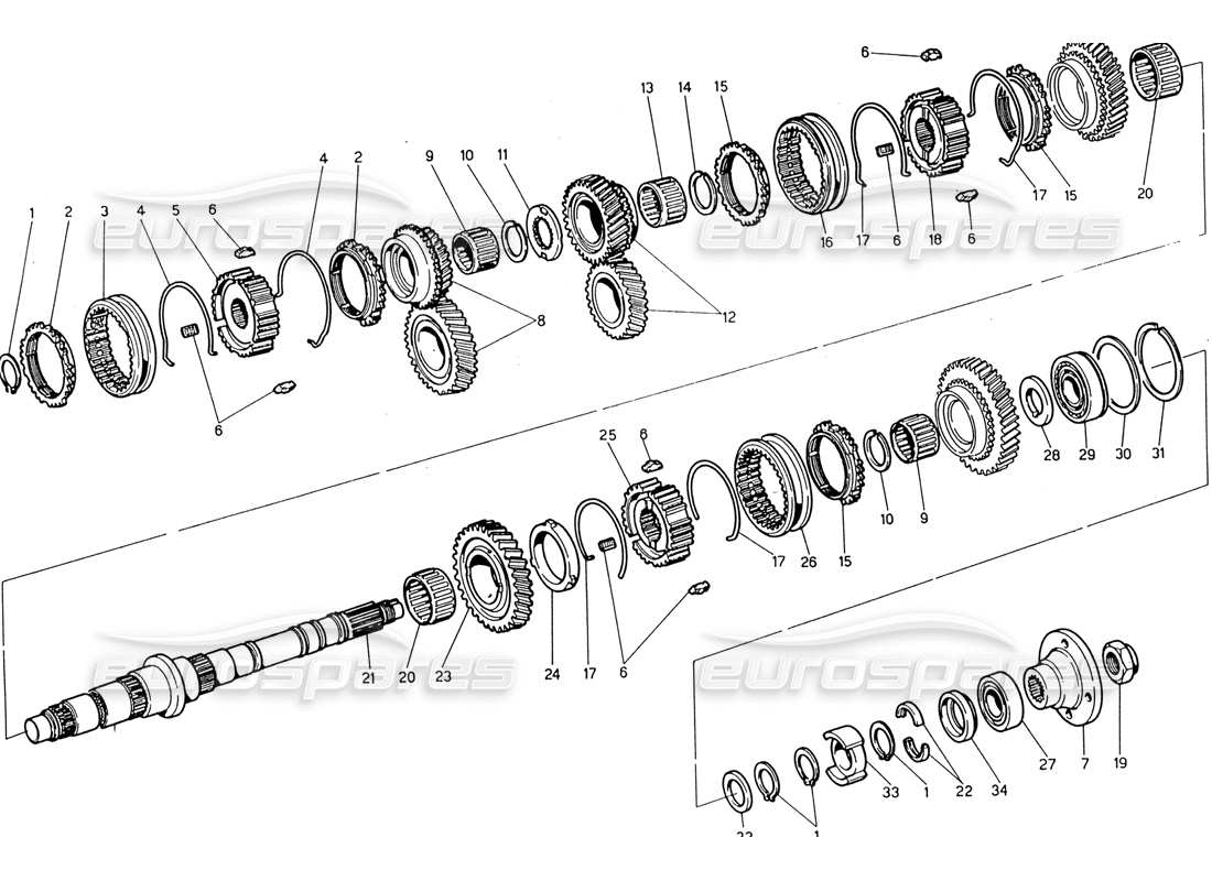 maserati 222 / 222e biturbo transmisión - diagrama de piezas del eje principal