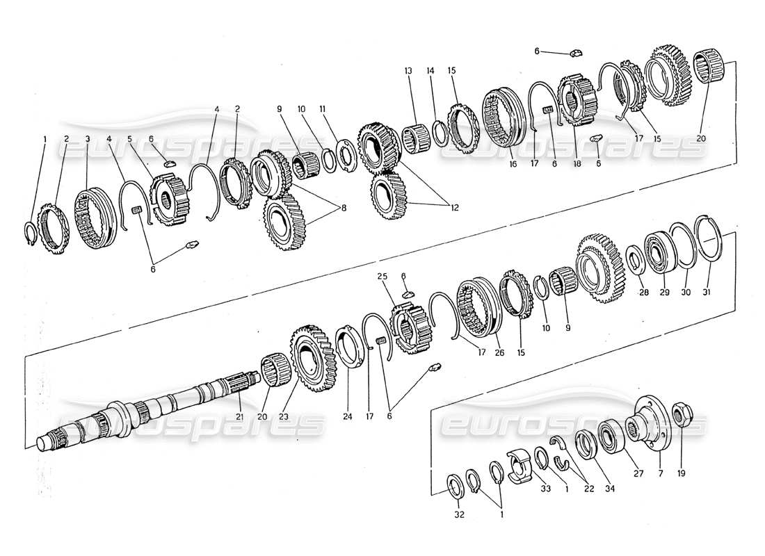 maserati 2.24v transmisión - diagrama de piezas del eje principal