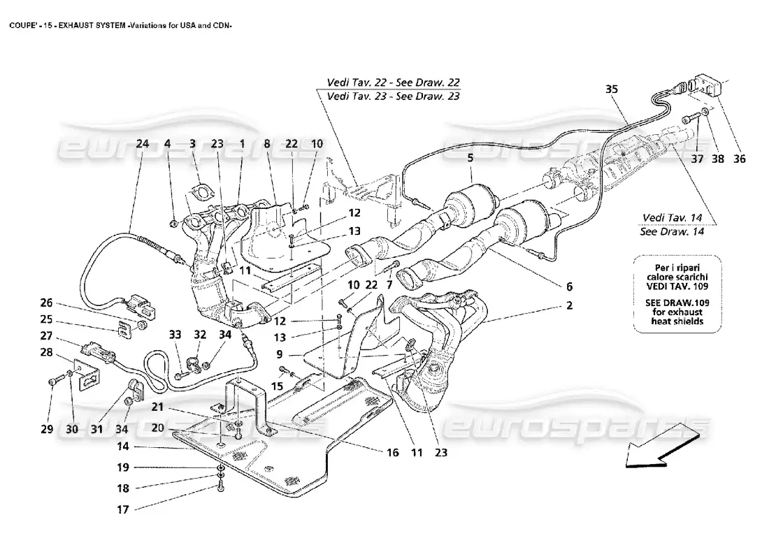 maserati 4200 coupe (2002) sistema de escape: variaciones para ee. uu. y cdn diagrama de piezas
