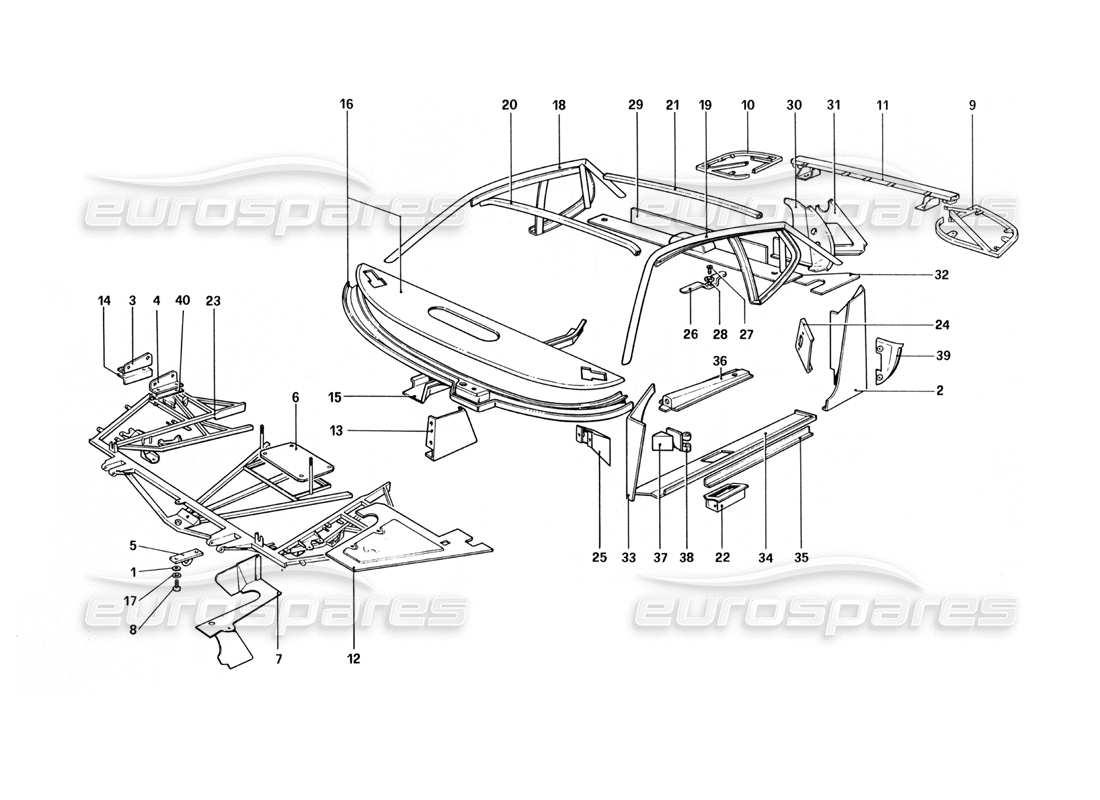 ferrari 512 bbi carrocería - diagrama de piezas de elementos interiores