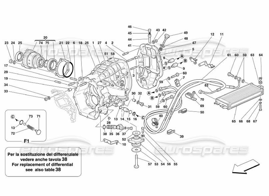 ferrari 575 superamerica diagrama de piezas del radiador de refrigeración del embrague y del portador del diferencial