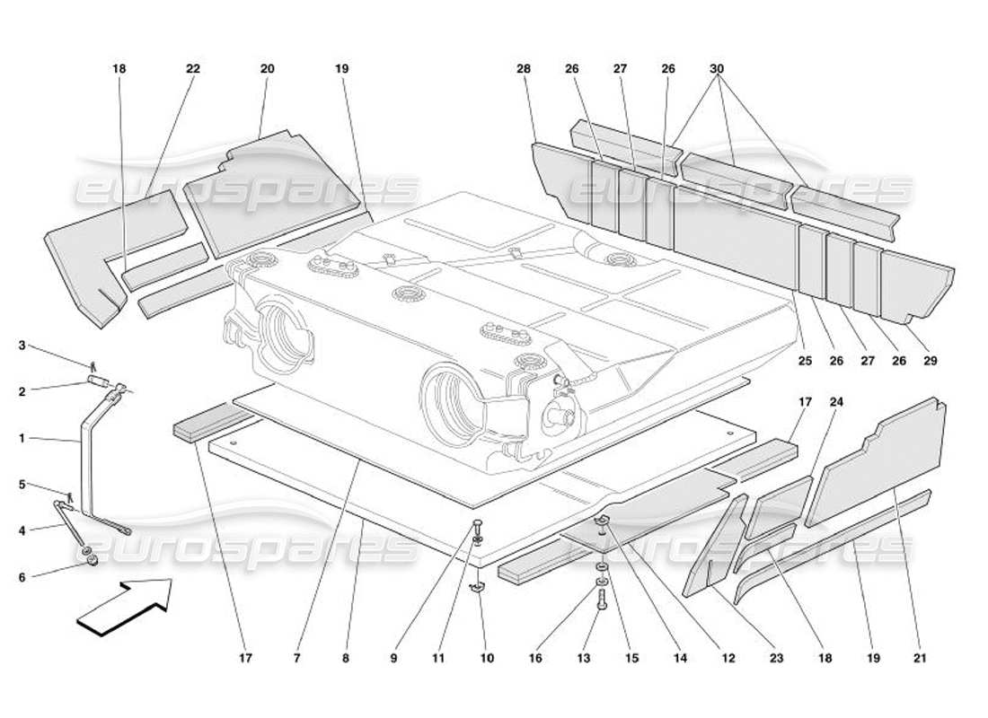 ferrari 575 superamerica tanque de combustible: diagrama de piezas de aislamiento y protección