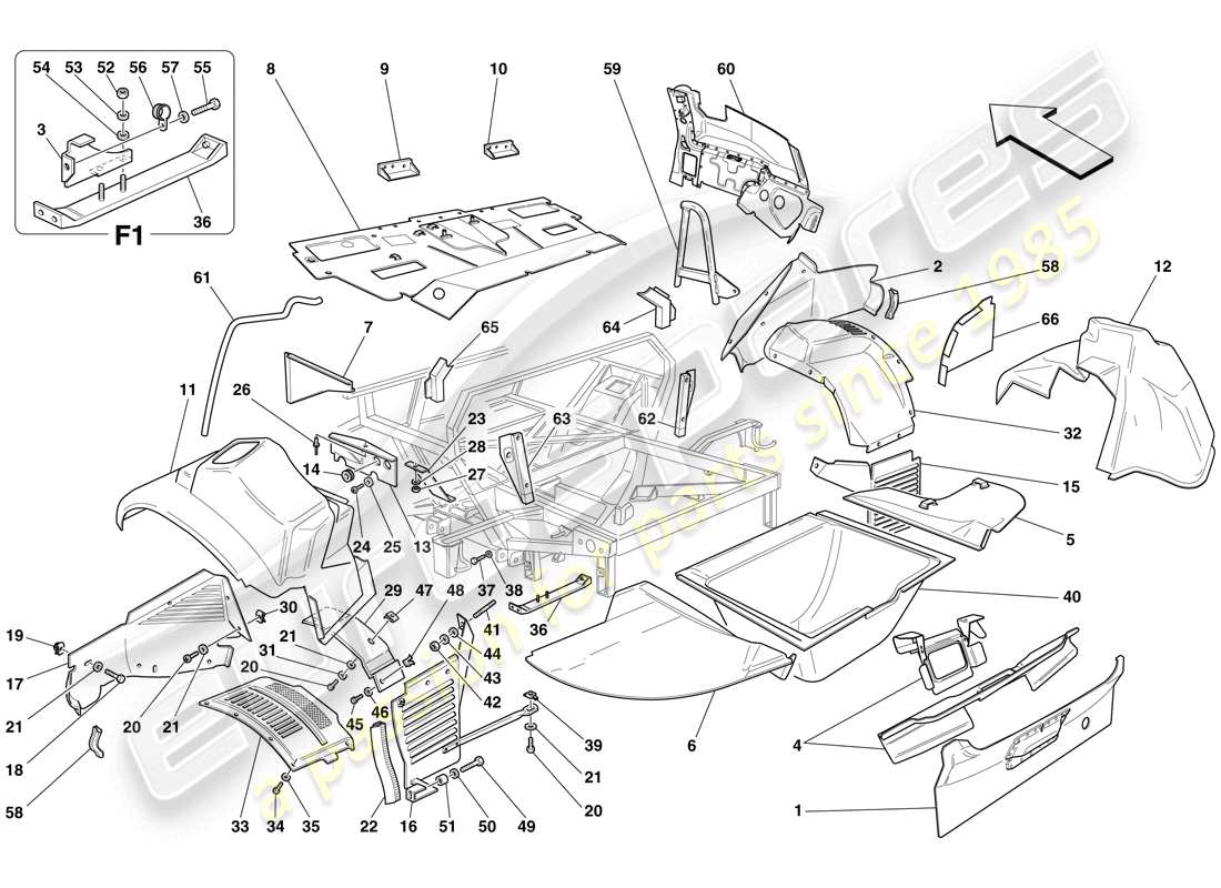 ferrari 575 superamerica diagrama de piezas de estructuras y componentes traseros