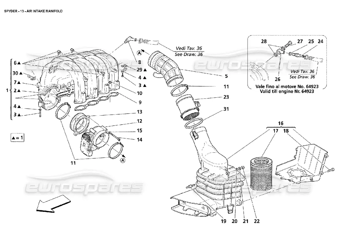 maserati 4200 spyder (2002) diagrama de piezas del colector de admisión de aire
