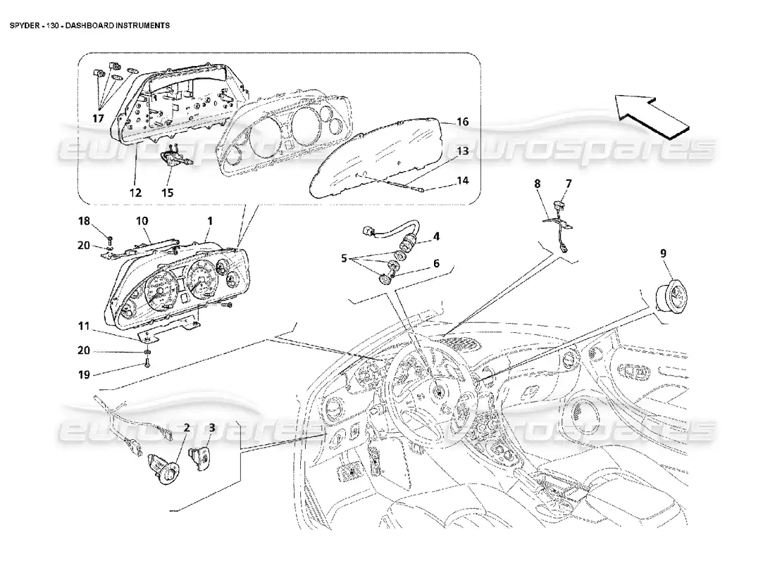maserati 4200 spyder (2002) diagrama de piezas de instrumentos del tablero