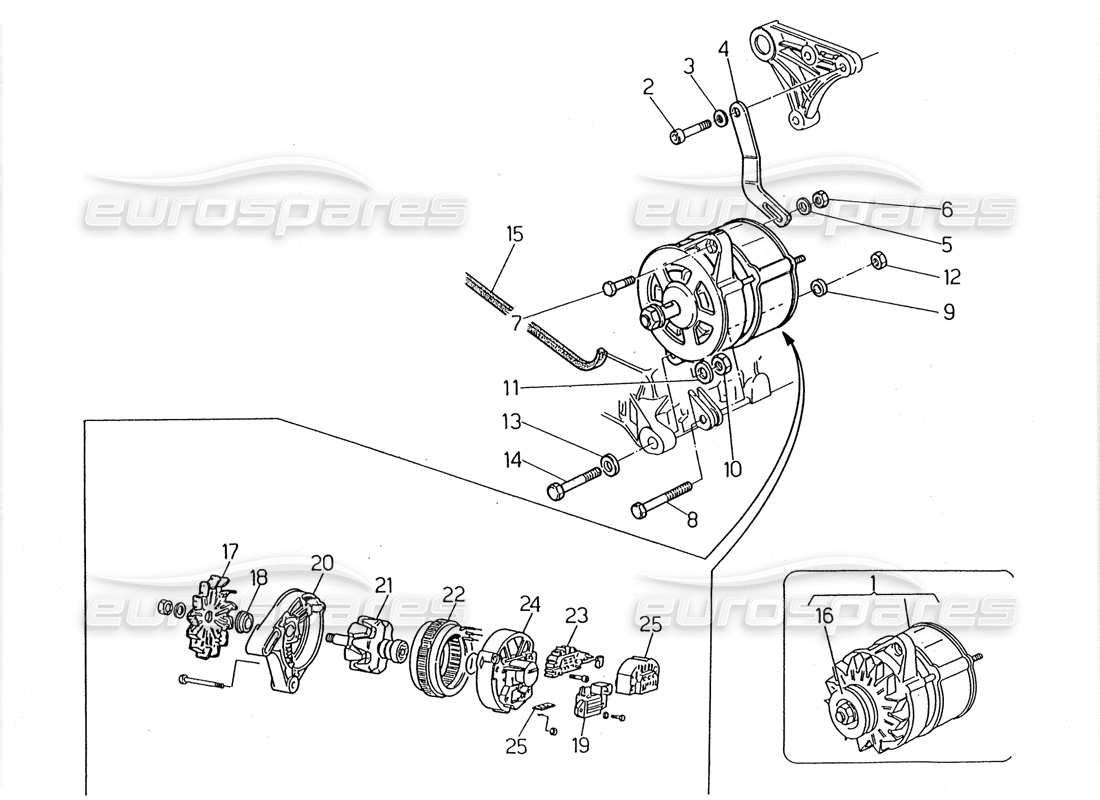 maserati 2.24v diagrama de piezas del alternador y soporte